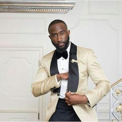 Champagne Men Suits for Wedding Groom Tuxedos Bridegroom Wear Prom Suits Man Blazers Black Shawl Lapel 2Piece Costume Homme