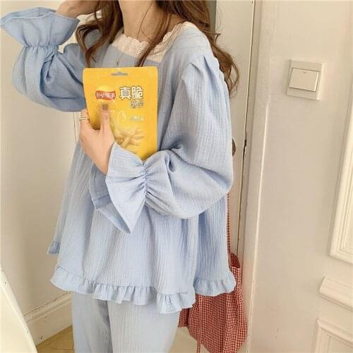 QWEEK Korean Home Suits Women Spring Autumn 2021 Pajamas for Girls Lace Pyjama Sets Square Collar Pijamas Long Sleeve Nightwear