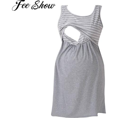 Pregnant Women Dress Sleeveless Casual Stripe Pregnancy Clothes Maternity Dress Nursing Nightshirts Breastfeeding Pajamas Dress