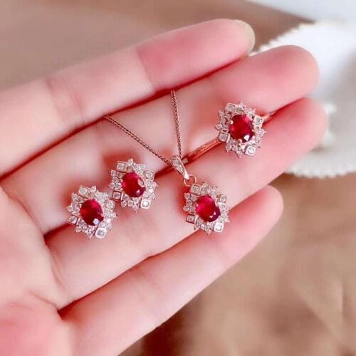 Real Natural Ruby jewelry set Natural Real Ruby 925 sterling silver 1pc pendant,1pc ring,2pcs Earring