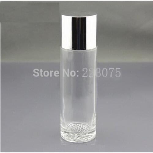 100/120ml transparent glass bottle Refillable Bottles with silver screw lid plastic stoppper toner bottle Cosmetic Packaging