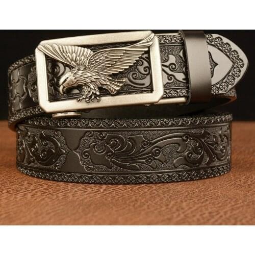 Eagle Pattern Automatic Buckle Belt for Men High Quality Genuine Leather Belt Tang Grass Style Strap Male Business Waistband