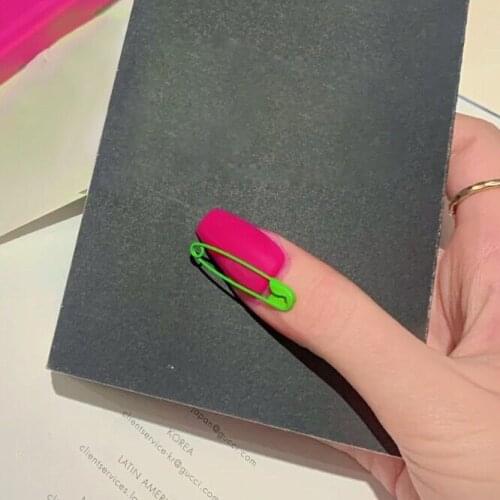 Rose red pure color with bright green pin 3d decorated fake nails french 24pcs with glue American punk stye lady full nail tips