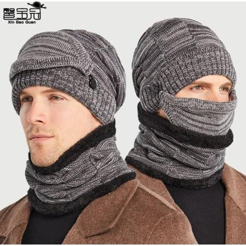 Hat scarf mask three piece suit mens versatile warm wool knitting hat Plush thickening cycling
