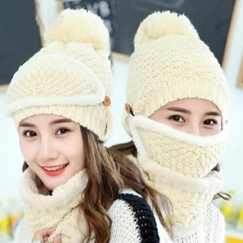 3 Pcs/set Winter Hats For Women With Breathing Mask 2in1 Knitted Hat Girl Pompoms Hat Warm Add Fur Lined Protective Winter Hat