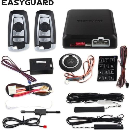 EASYGUARD PKE car alarm system hopping code remote start stop push start button touch password entry shock sensor alarm DC12V