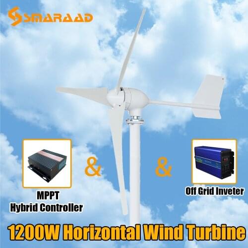 12V 24V 48V Optional 1200w Horizontal Axis Wind Turbine Generator With Waterproof Wind Charge MPPT Controller Off Grid Inverter