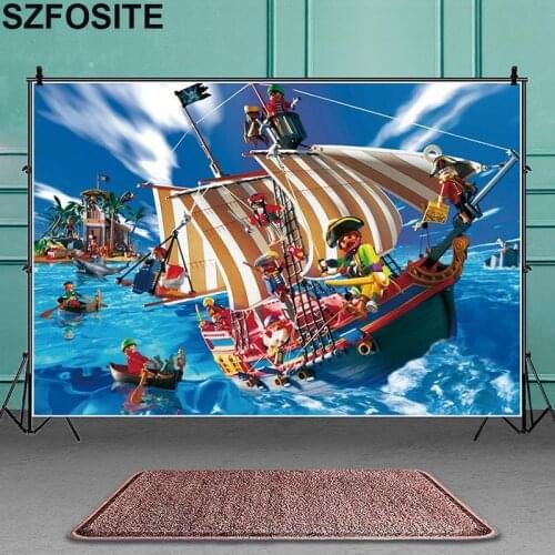 Cartoon Sea Caribbean Adventure Pirate Ship Sail Background Boy Birthday Party Decoration Photography Photo Kids Vinyl Backdrop
