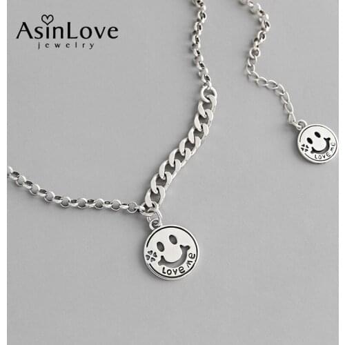 AsinLove Vintage Smiley Pendant Necklace 925 Sterling Silver Creative Personality Romantic Love Me Necklace for Women and Girls