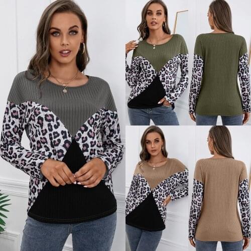 Leopard stitching round neck t-shirt casual loose long-sleeved sweater autumn top women clothes women plus size 2021
