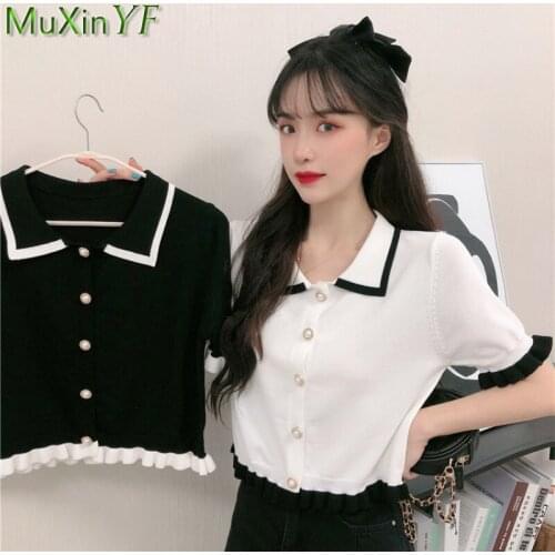 Womens Sweet Doll Collar Ruffle Short Knit T Shirt 2021 Summer New Girls Student Leisure Pearl Tops Ladies Fashion Streetwear