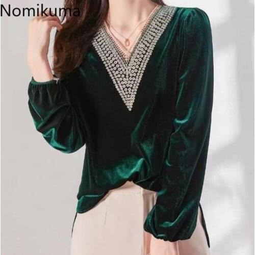 Nomikuma Gold Velvet Shirt Women V Neck Diamonds Design Long Sleeve Korean Style All-match Basic Tops Loose Fashion Blouse Blusa