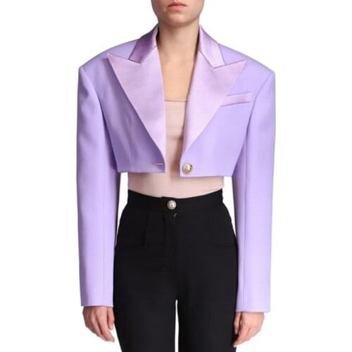 HIGH QUALITY Newest 2021 Designer Blazer Womens Extra Shoulder Satin Collar Single Button Crop Blazer Short Jacket