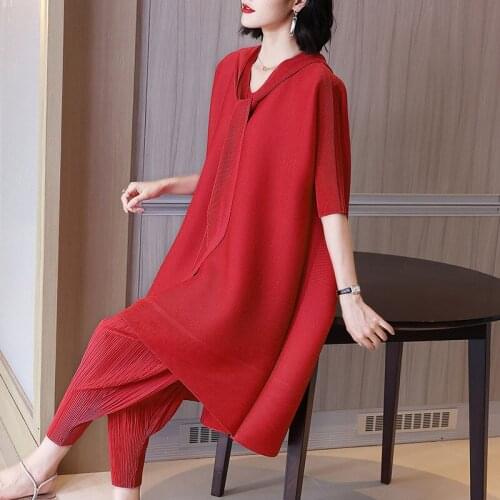 Miyak Pleated Solid Color 2 Piece Set Women Summer Hooded Lace-up Long Top Trousers Plus Size Loose Casual Female Clothes Set