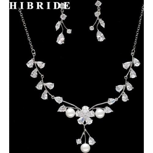 HIBRIDE White Gold Color Flower Clear Cubic Zirconia Pearl Jewelry Sets For Women Wedding Party Gifts Dress Accessories N-262