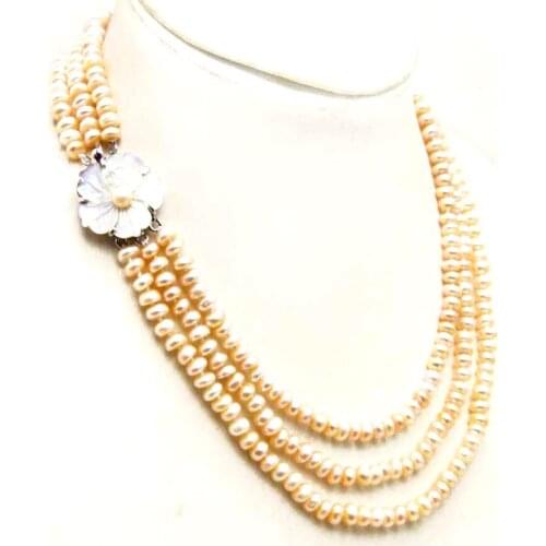 Qingmos Natural Pink Pearl Necklace for Women with Genunie 6-7mm Flat Round Pearl 3 Strands Necklace 17-18-19" Chokers Jewelry