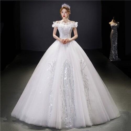Real Photo Vestidos De Novia 2021 New Boat Neck Off Shoulder Plus Size Wedding Dress For Women Lace Sequined Princess Ball Gowns