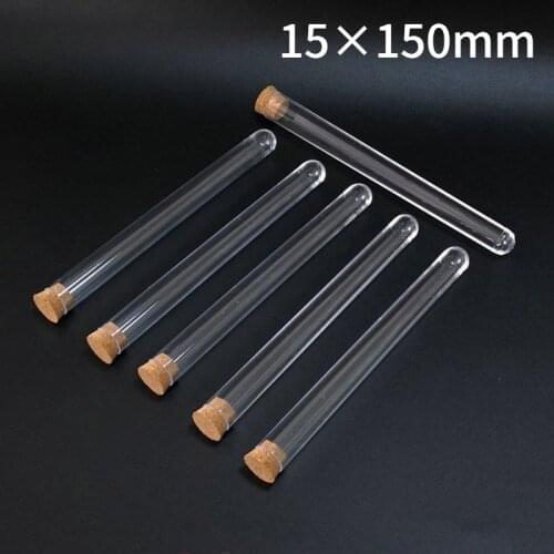 100PCS lab 15x150mm clear plastic test tube with cork u-shape bottom tube with wooden stoppers