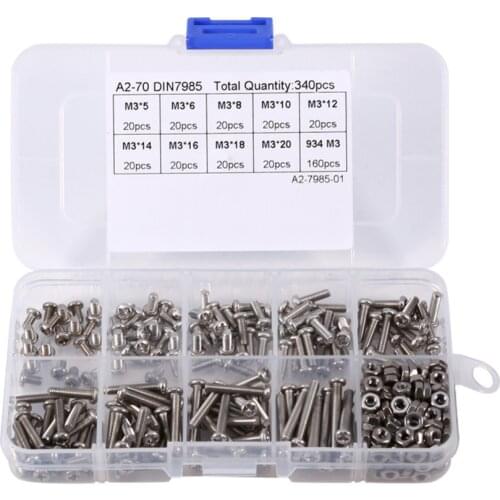 340Pcs Stainless Steel Screw Nut Assortment Kit M3x5/6/8/10/12/14/16/18/20 Pan Head Cross Screw M3 Hex Nut Set With Storage Box