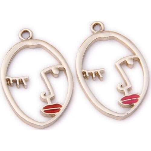 Free Shipping Gold Tone Plated Enamel Alloy Charms 50pcs/Lot 35*23MM Human Face Women Head Earring Necklace Pendant Charm Craft