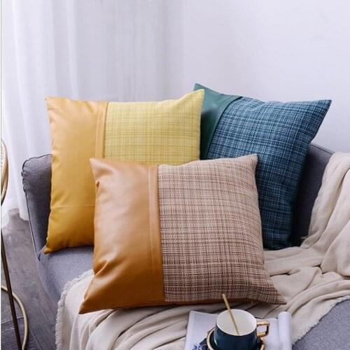 PU Leather Cushion Cover For Couch Bed Cotton Hemp Splicing Woven Covers Simple Nordic Pillow Case Living Room Office Decor