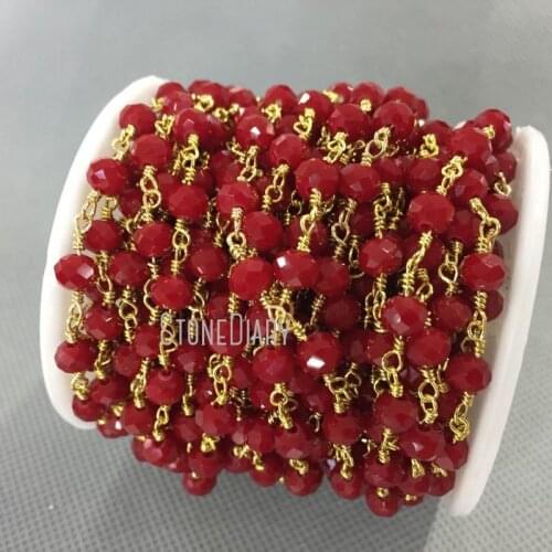4x6mm Pure Gold Color Faceted Rondelle Beads Cardinal Red Glass Crystal Chain Rosary RC5023