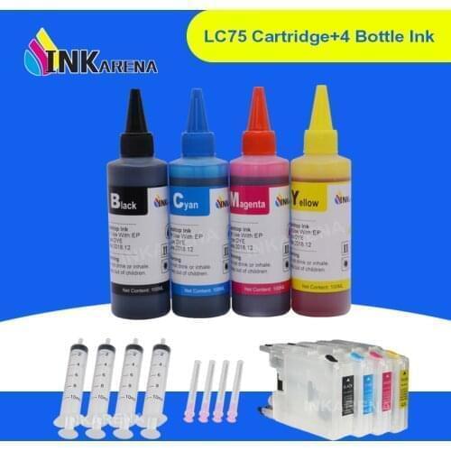 INKARENA 4×100ml Dye Ink + LC75 Ink Cartridge For Brother LC12 LC40 LC71 LC73 XL MFC J960DN-B J960DN-W J960DWN-B J960DWN-W J432W