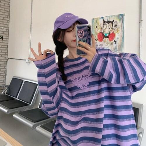 Korean Kawaii Love Candy Color Purple Striped Long-Sleeved T-Shirt Bottoming Aesthetic Clothes Women Harajuku Vintage Goth Tops