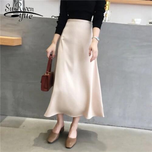 Korean 2020 Spring Silk Satin Skirt Women High Waist Midi Skirt Summer Elegant Ladies Vintage Ruffled Skirt 8815 50