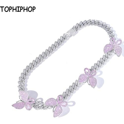 TOPHIPHOP Pink CZ Butterfly Cuban Chain 14K Gold Plated Brass Cubic Zircon Choker Necklace Fashion цепочка на шею женская