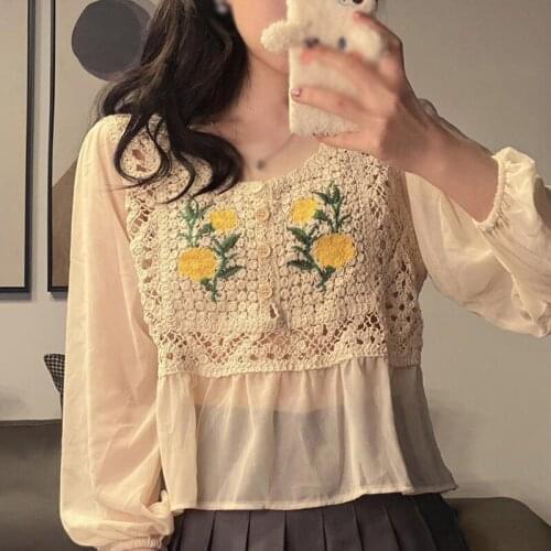 Summer V-Neck Embroidery Knitted Blouses Sweet Tops Women Floral Long Sleeve Button Blouse