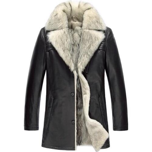 Mens Shearling Jacket Luxury Wolf Fur Liner Lambskin Coat 100% Genuine Leather Sheepskin Jacket Long Outerwear Tj26