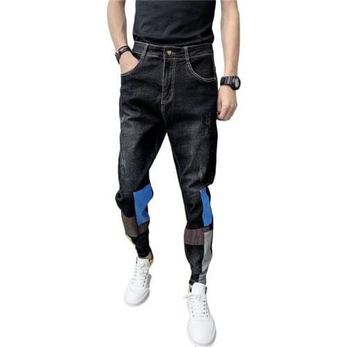 BANNAJI Korean Men`s Denim Joggers Harem Style Patchwork Hip Hop Streetwear Ankle Cuffed Jeans For Man