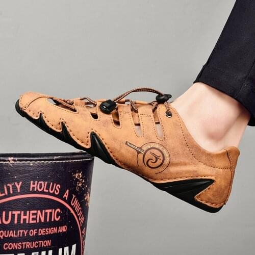Mens Samdals Cow Genuine Leather Outdoor Mens Beach Shoes Breathable Roman Shoes Men Fashion Casual Shoes Big Size 38-48