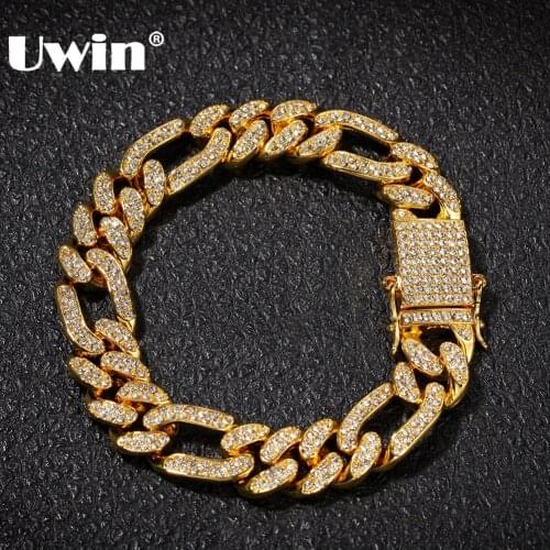 UWIN Iced Figaro Bracelet 13mm Bling Miami Cuban Link Full Iced Rhinestones Hiphop Mens Bracelet Fashion Jewelry