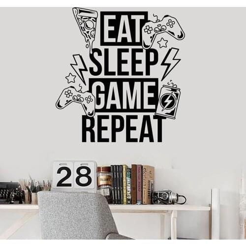 Wall Decal Eat Sleep Game Repeat Words Vinyl Window Stickers Fast Food Joystick Game Room Kids Boys Bedroom Decor Mural Art M701