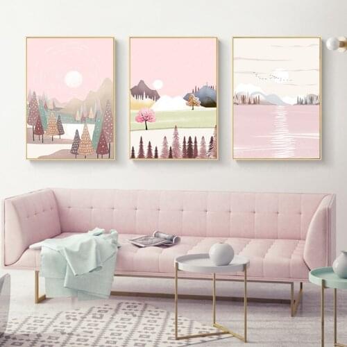 Cartoon Pink Forest River Bird Plant Wall Art Canvas Painting Nordic Style Posters and Prints Decorative Modern Picture Home