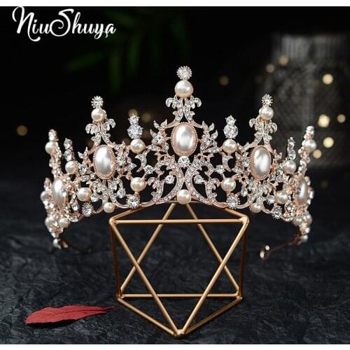 NiuShuya Crystal Pearl Crowns Rhinestone Tiara Brides Hairband Hair Jewelry Princess Rose Gold Crown Wedding Hair Accessories