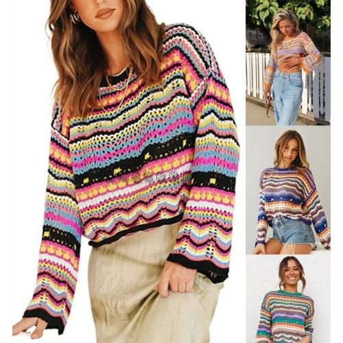 Autumn/winter 2021 patchwork knit sweater loose rainbow round neck stripe sweater horn sleeve hollowed-out bottom shirt new