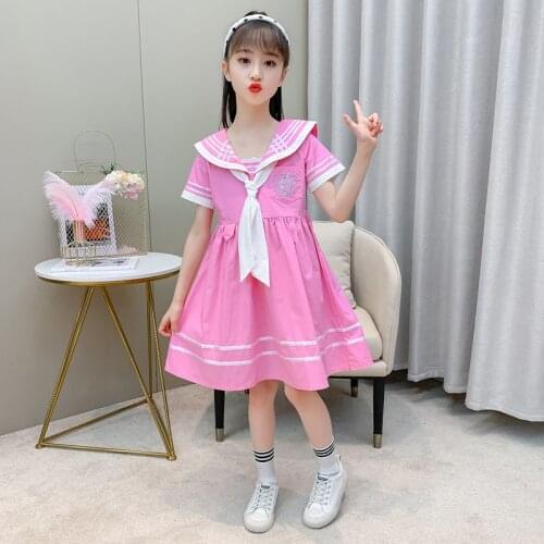 Teen Girls Dress Summer Short-Sleeve Clothes 2021 New Children College Girls Dresses Kids Cotton Casual Navy Collar Dress