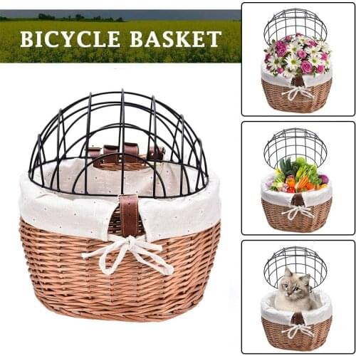Bicycle Wicker Basket Hand Woven Bike Front Handlebar Basket Store Toy Book Pet Carrier With Metal Cover Vegetable Storage Bag