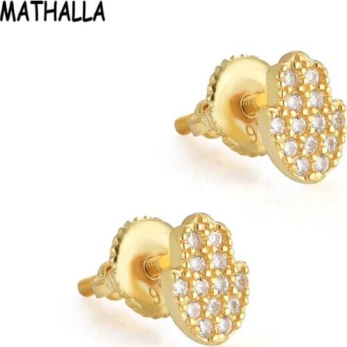 MATHALLA 14k Gold Plating 925 Sterling Silver Hand Shaped Cubic Zircon Children Earrings Hiphop Iced Out S925 Hand Stud Earring