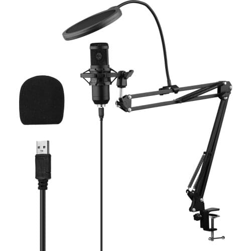 USB Condenser Microphone Set with Desk Mounting Clamp Scissor Arm Stand Pop Filter Muff Shock Mount USB Cable for Voice Chat