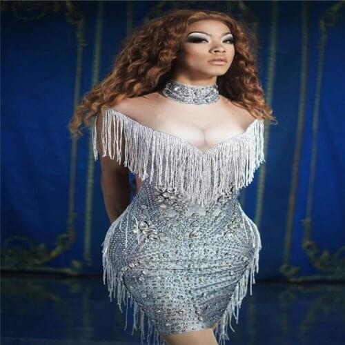 Y42 Female Glitter Glass Rhinestones dress Silver Tassels Elastic Women skirt Wrapped Buttock outfits Stage Costume Tight Dress