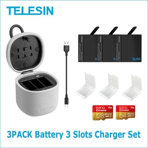 TELESIN 3PACK Battery 3 Slots Charger Set TF Card Reader Storage Charging Box for Gopro 8 Hero 8 7 Black Hero 6 Hero 5