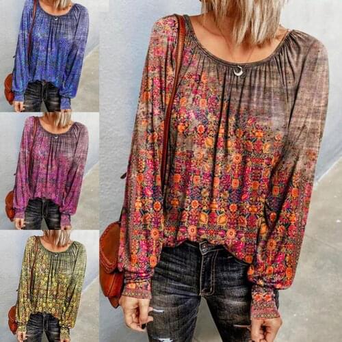 40%HOTLong Sleeve Women Blouse Floral Print Soft O Neck Pleated Loose Autumn Shirt Streetwear