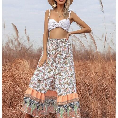 Female Split Skirt Adults Floral Print High Waist Long Skirt with Drawstring for Summer Autumn S/M/L/XL