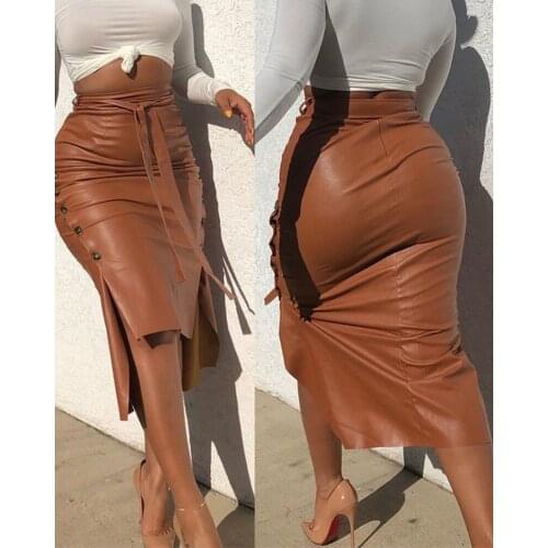 Women Trendy PU Leather Midi Skirt Solid Color High Waist Lace-up Side Button Slim Skinny Pencil Skirt for Ladies Streetwear