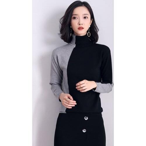Women Turtleneck Chic Pullovers Contrast Color Sweaters 2020 Autumn Winter New Elegant Knitted Sweater Pull Femme Female Top