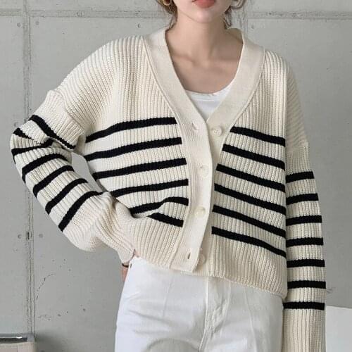 ZCSMLL Korea All-match V-neck Hit Color Stripes Coat Single-breasted Loose Long-sleeved Knitted Sweater Women Cardigan